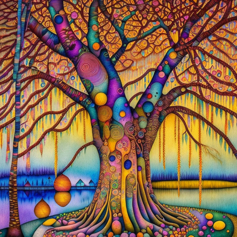 Colorful Psychedelic Tree Painting with Lanterns and Lake