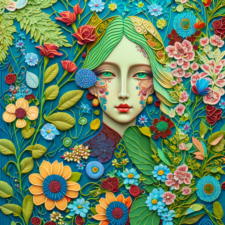 Colorful Floral Mosaic Portrait of Serene Woman