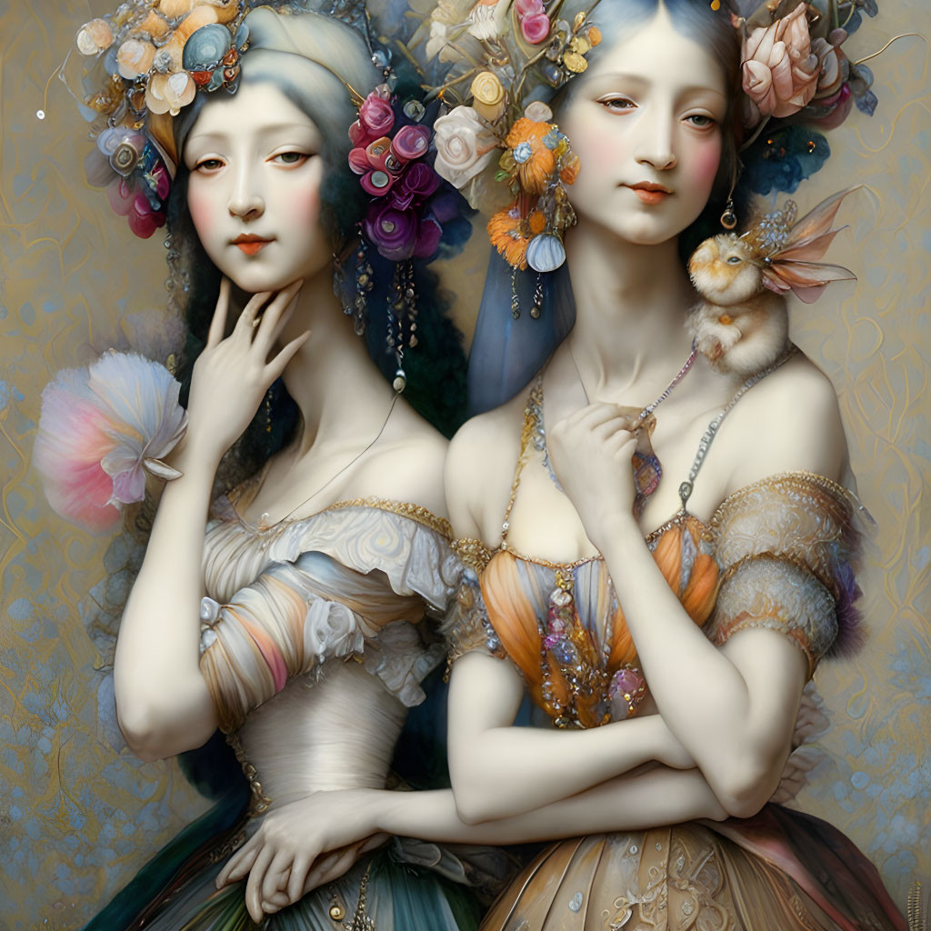 Ethereal women in elaborate floral headpieces and ornate dresses with a fluffy creature.