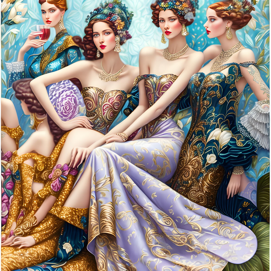 Four elegant women in colorful period dresses with ornate hairstyles and jewelry sitting closely.