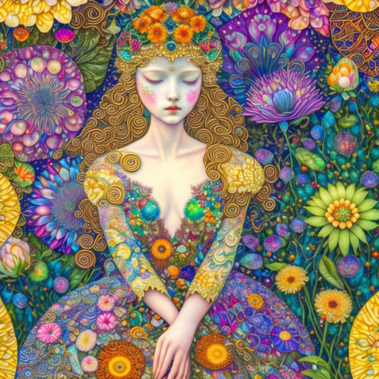 Colorful illustration of woman with floral patterns in hair and dress