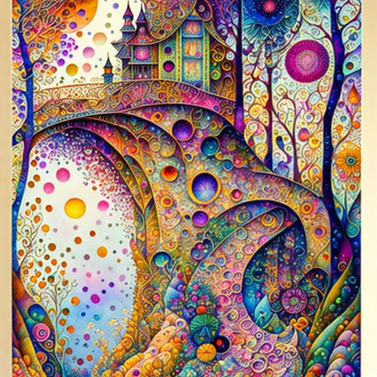 Colorful whimsical landscape with castle and swirling patterns