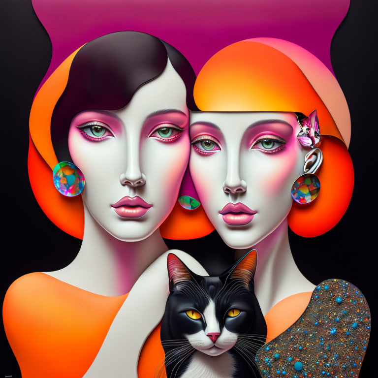 Stylized female figures with colorful attire and cat on dark background