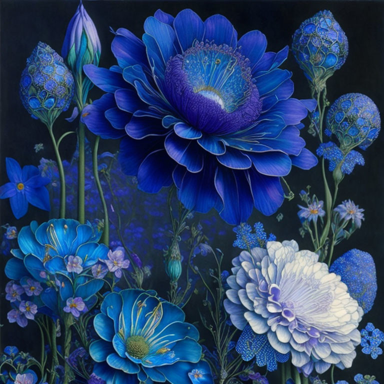 Detailed blue flowers illustration on dark background