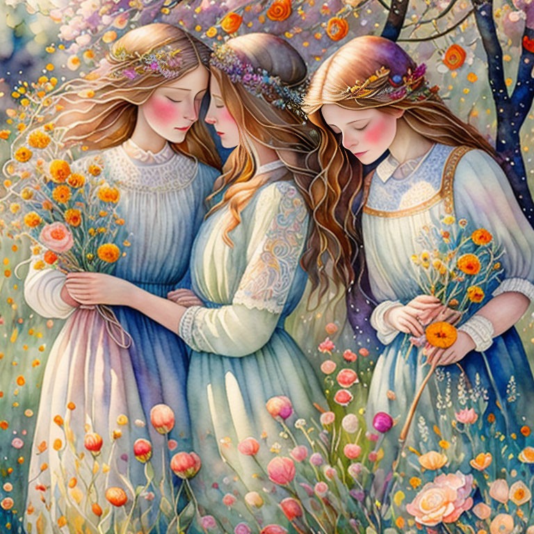 Ethereal women with flower crowns in vibrant forest illustration