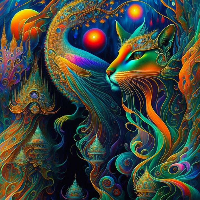 Colorful Psychedelic Cat Illustration with Swirling Patterns