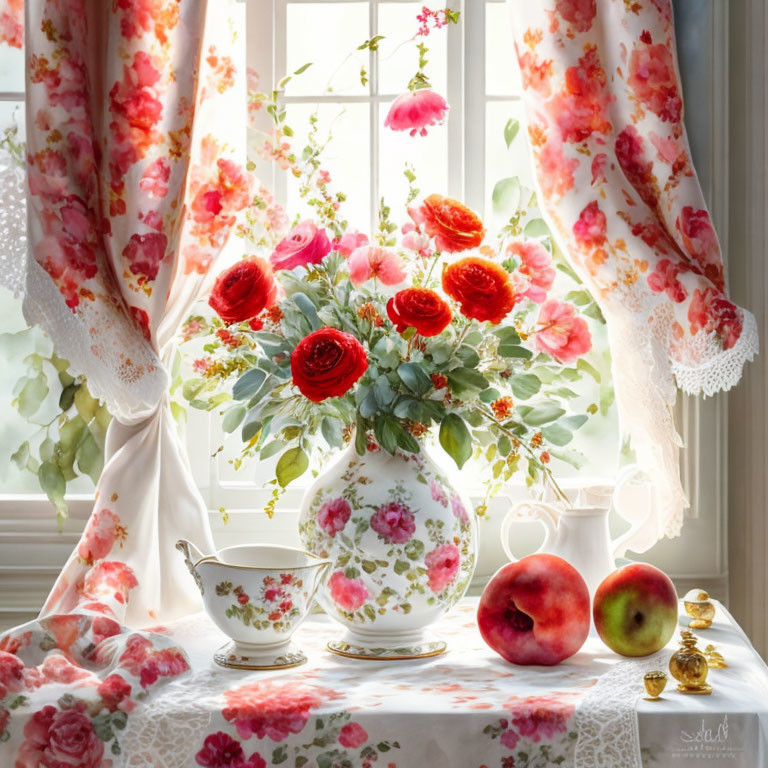 Colorful flowers in patterned vase with teacup, saucer, fruits on lace-covered table