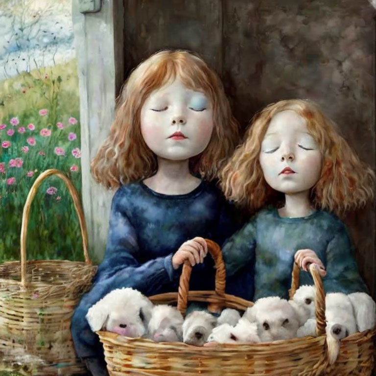 Two girls holding a basket of puppies in a soft, whimsical painting.