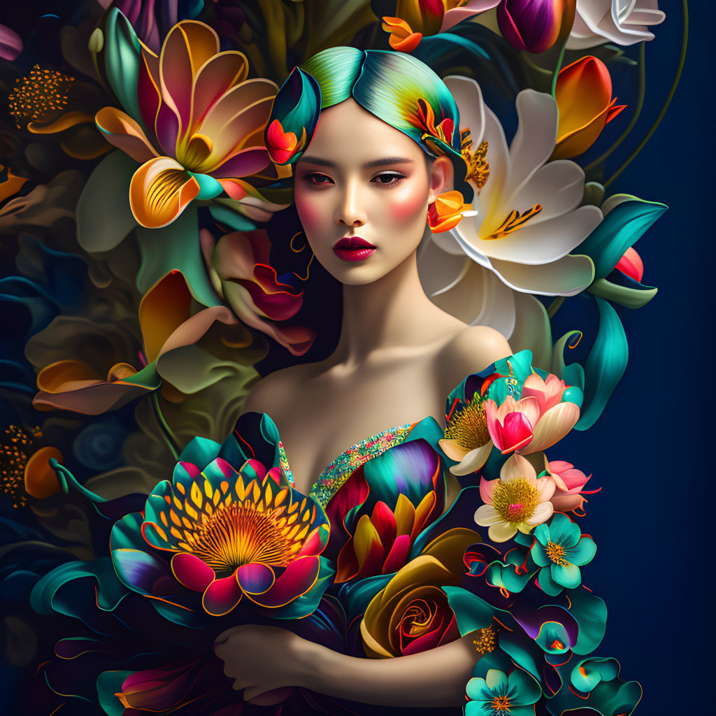 Vibrant portrait of woman with turquoise hair and colorful flowers on dark background