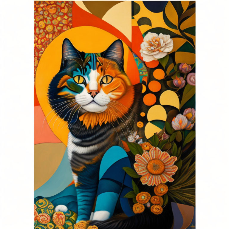 Colorful stylized cat art with intricate patterns and bold colors