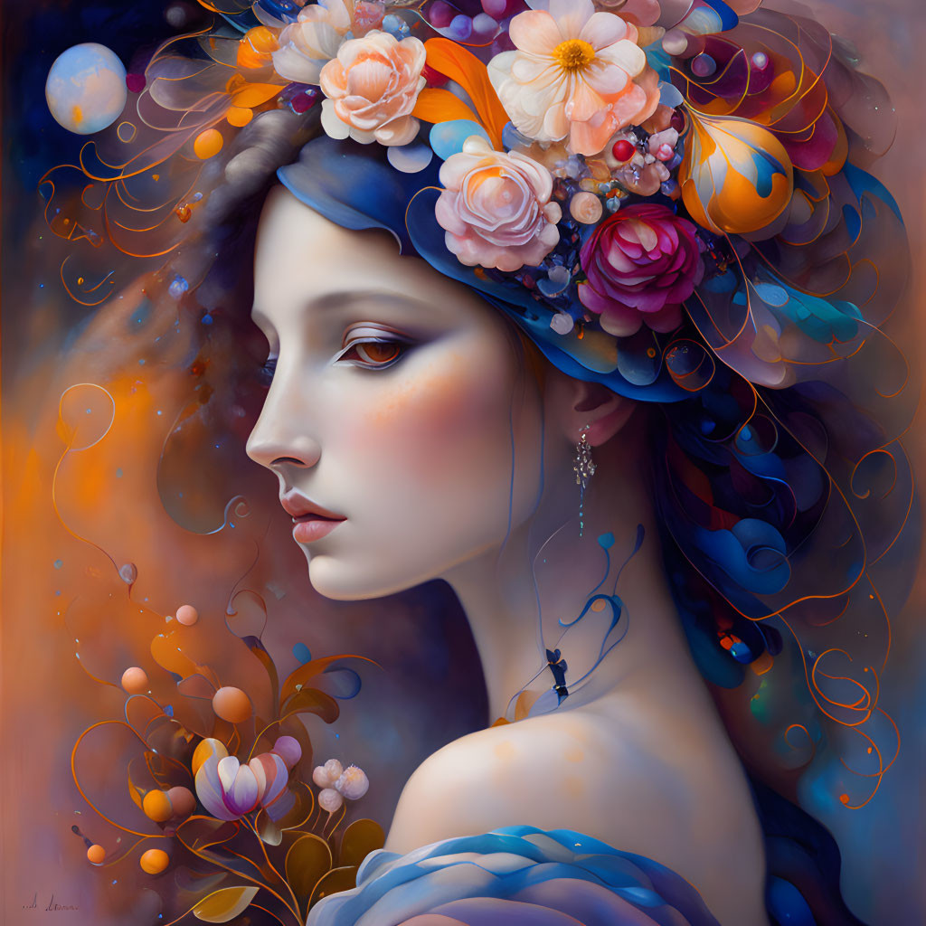 Colorful surreal portrait of a woman with vibrant flowers and whimsical swirls