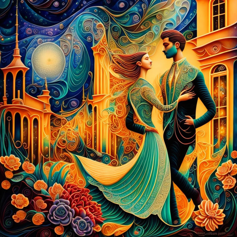 Colorful Dancing Couple Illustration with Starry Sky Backdrop