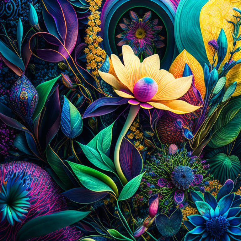 Colorful Stylized Flowers & Leaves: Vibrant, Intricate Patterns
