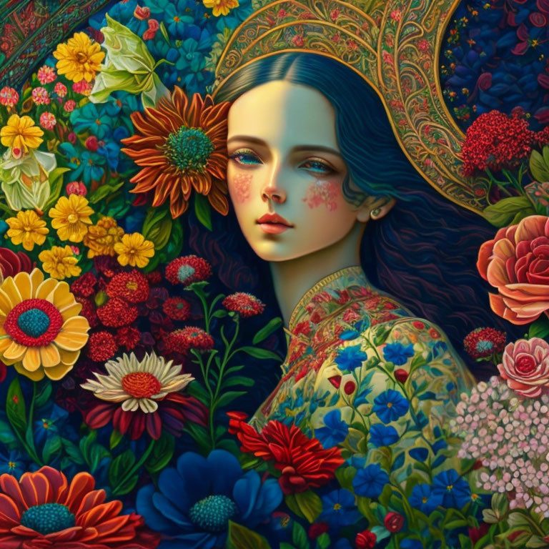 Detailed illustration: Woman with blue eyes and dark hair in lush floral setting