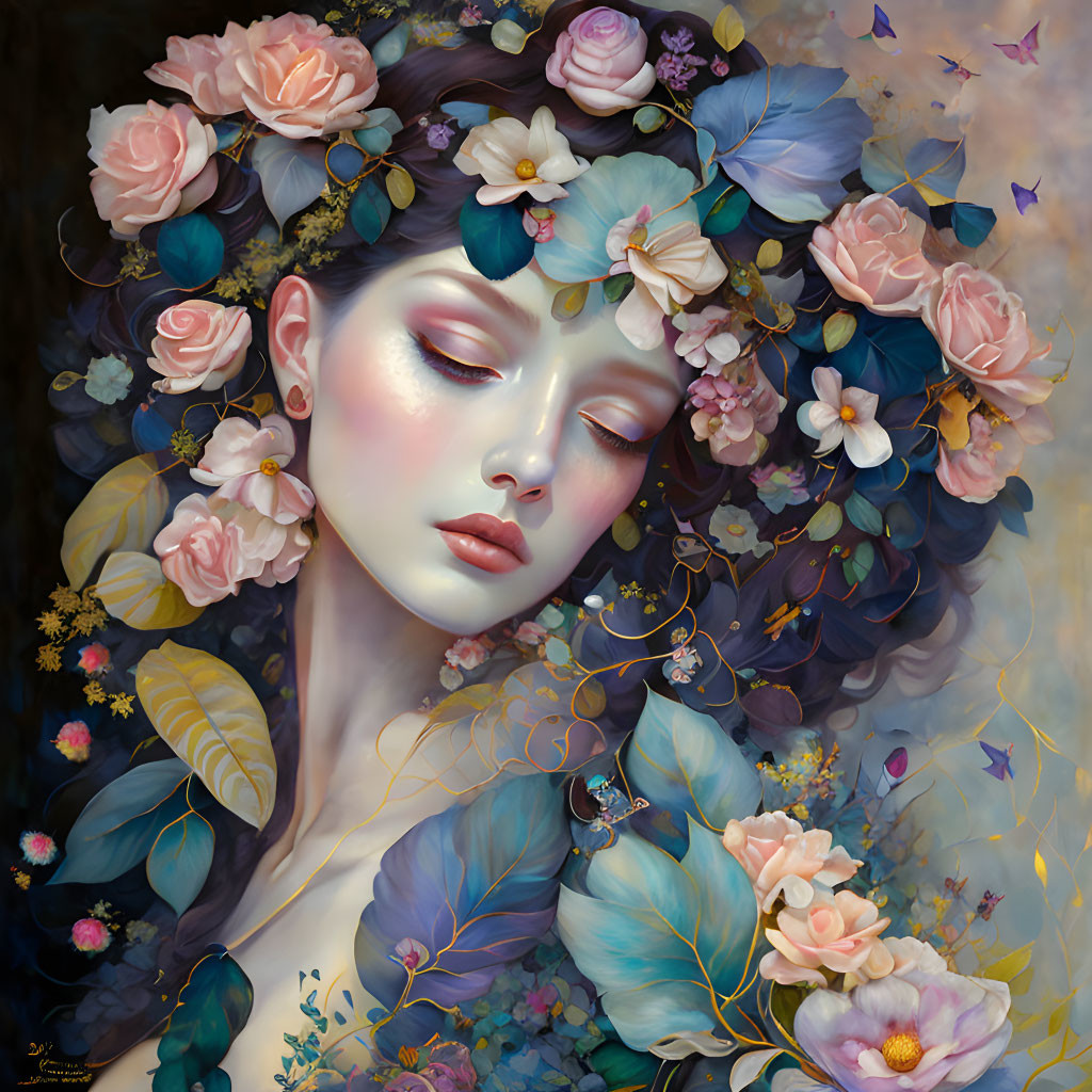 Woman portrait with closed eyes surrounded by blooming flowers in pastel colors