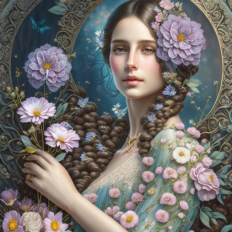Intricate floral portrait of woman with braided hair and flower in decorative frame