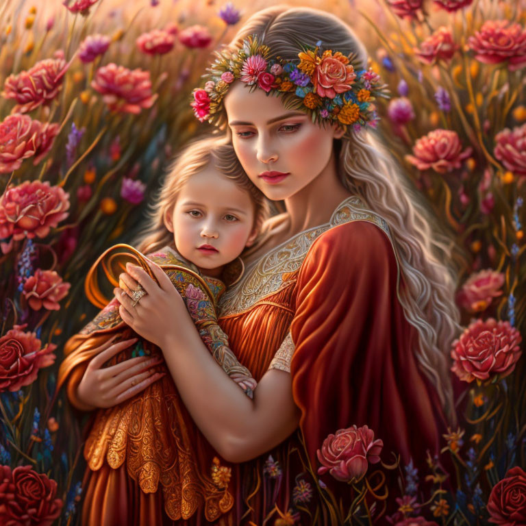 Woman and child in flower field with floral wreath, warm embrace, vibrant blooms