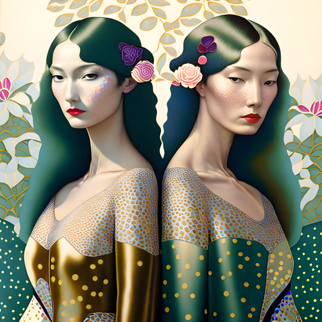 Pale skin twin women digital art with green hair and floral decorations on gold-patterned background