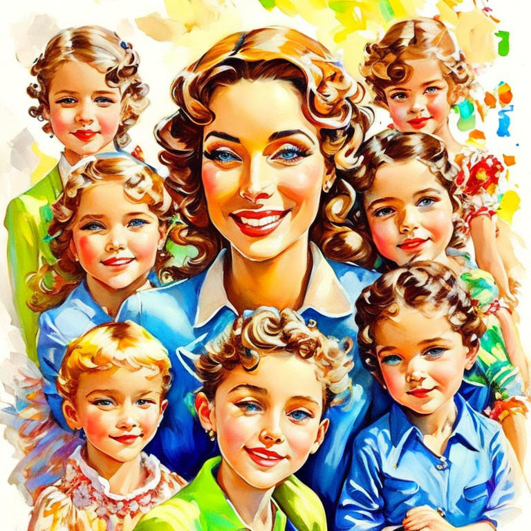 Colorful Illustration: Smiling Woman with Seven Joyful Children