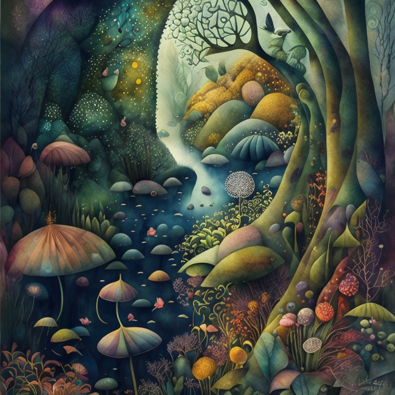 Enchanted forest illustration with vibrant flora