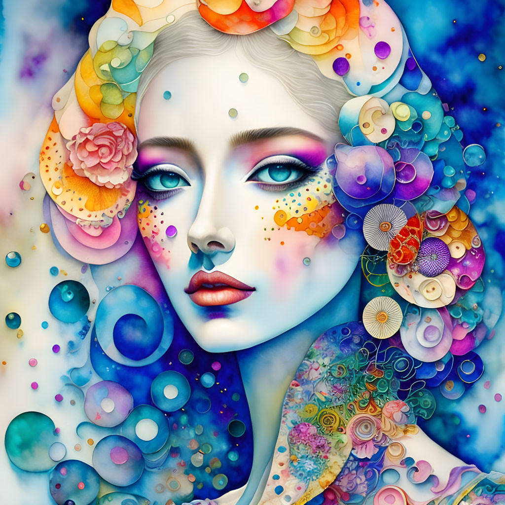 Colorful illustration of woman with ethereal aura, surrounded by floral patterns