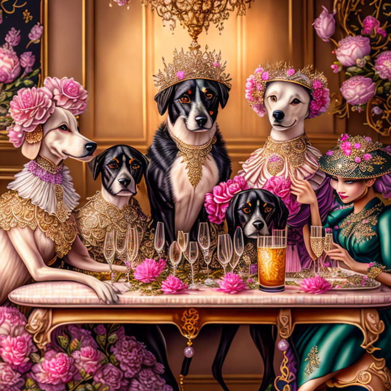 Anthropomorphic dogs in regal attire at fancy table with woman raising glass