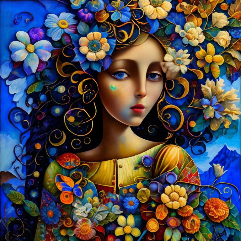 Colorful artwork of female figure with blue skin and floral headdress