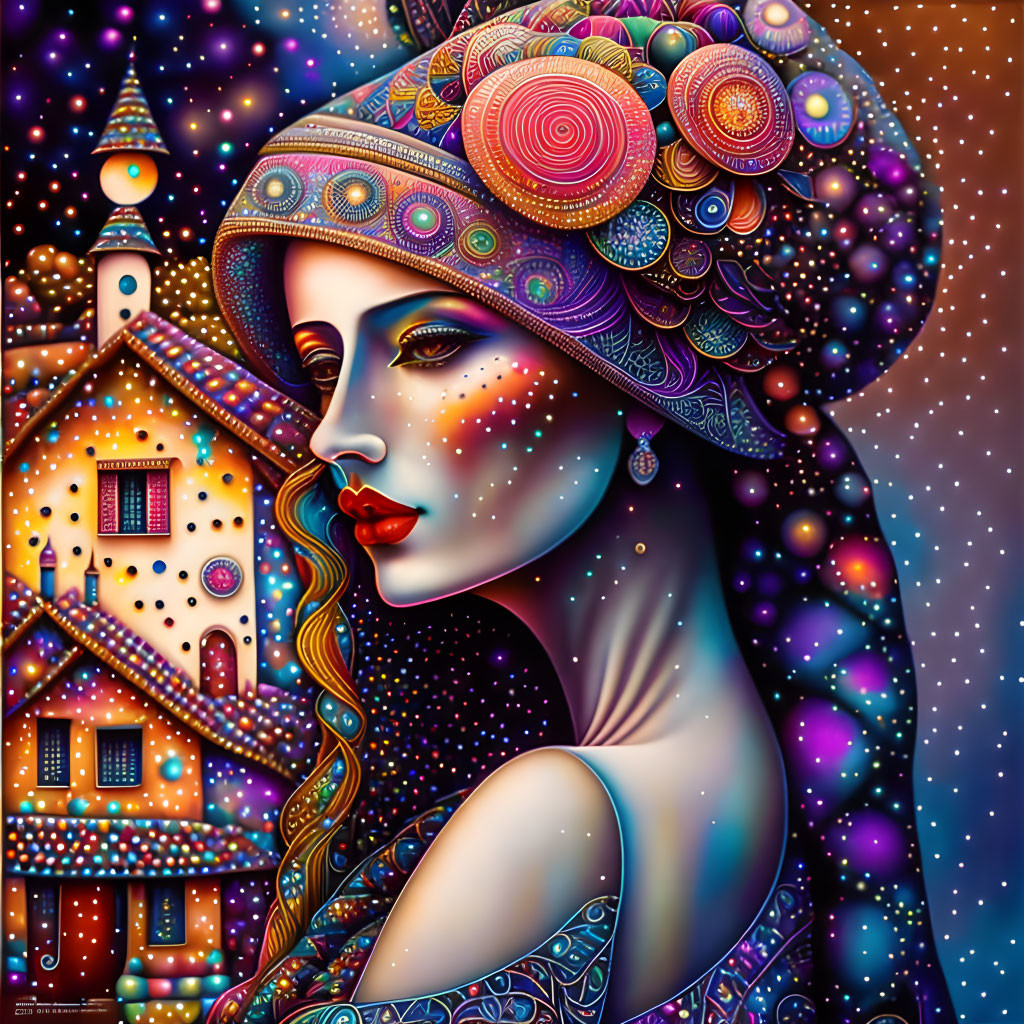 Colorful Stylized Portrait of Woman with Night-time Village in Psychedelic Art Style