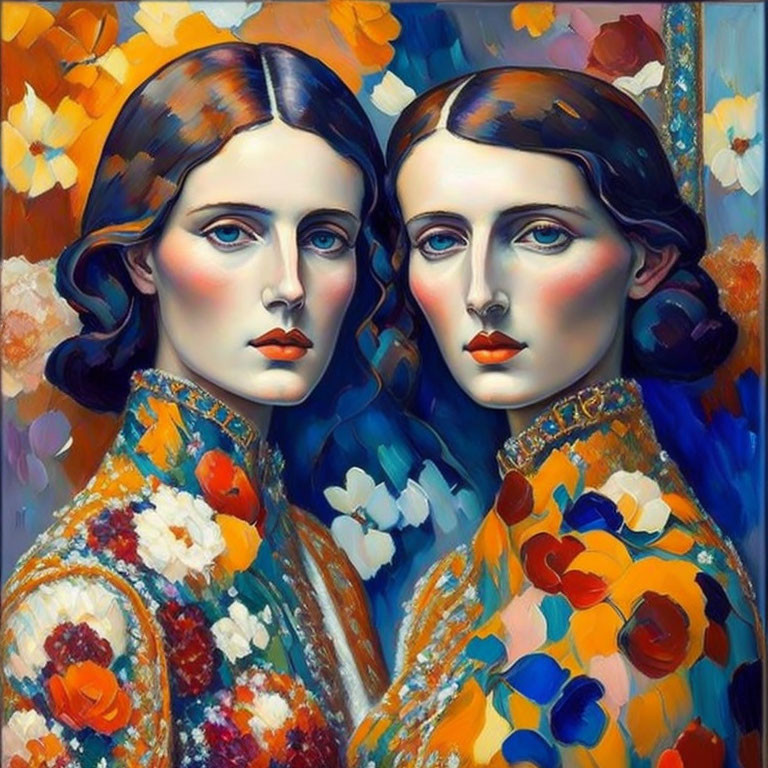 Twin female figures with blue eyes in colorful floral setting