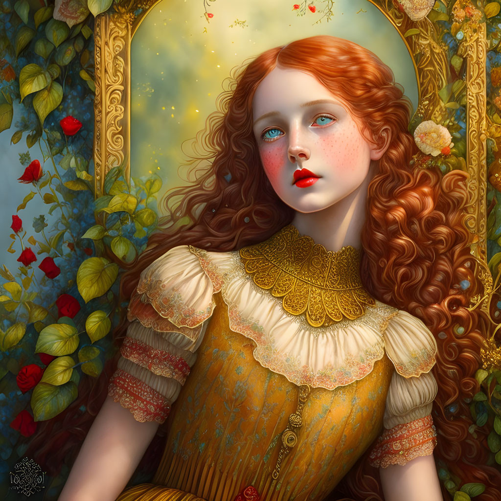 Young woman with curly red hair in vintage attire surrounded by greenery