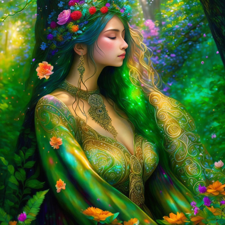 Multicolored hair woman portrait with floral adornments in enchanted forest.