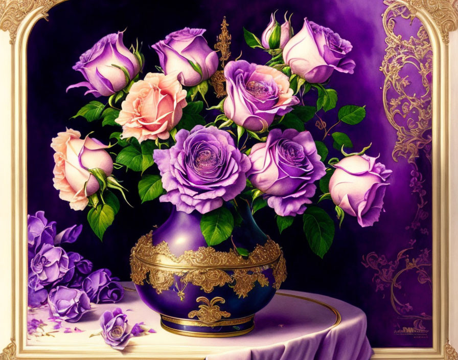 Colorful Painting of Purple and Pink Roses in Blue and Gold Vase