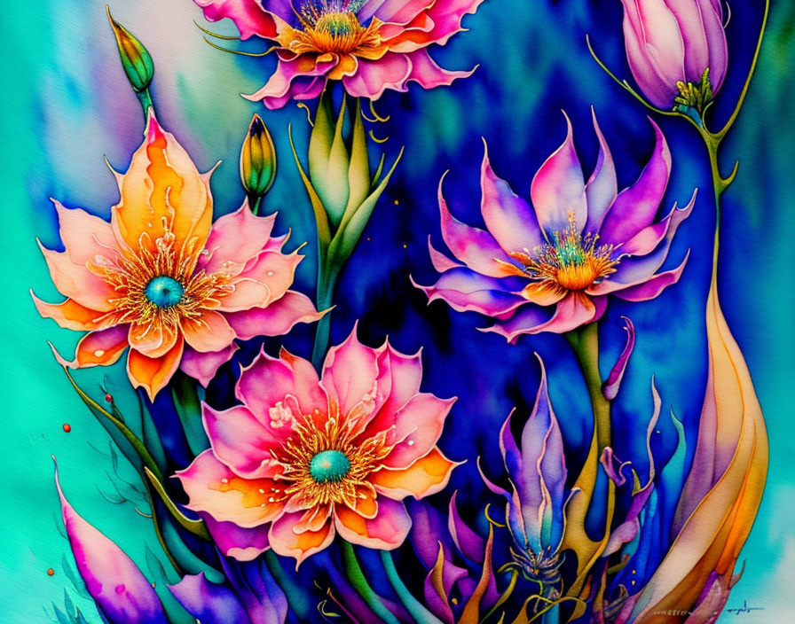 Stylized orange and pink flowers on blue background