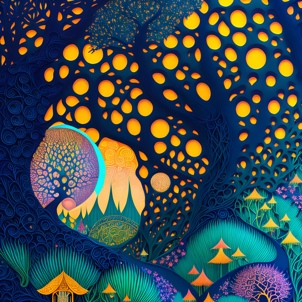 Colorful illustration of enchanted forest with whimsical trees, glowing orbs, cottage, and starlit sky