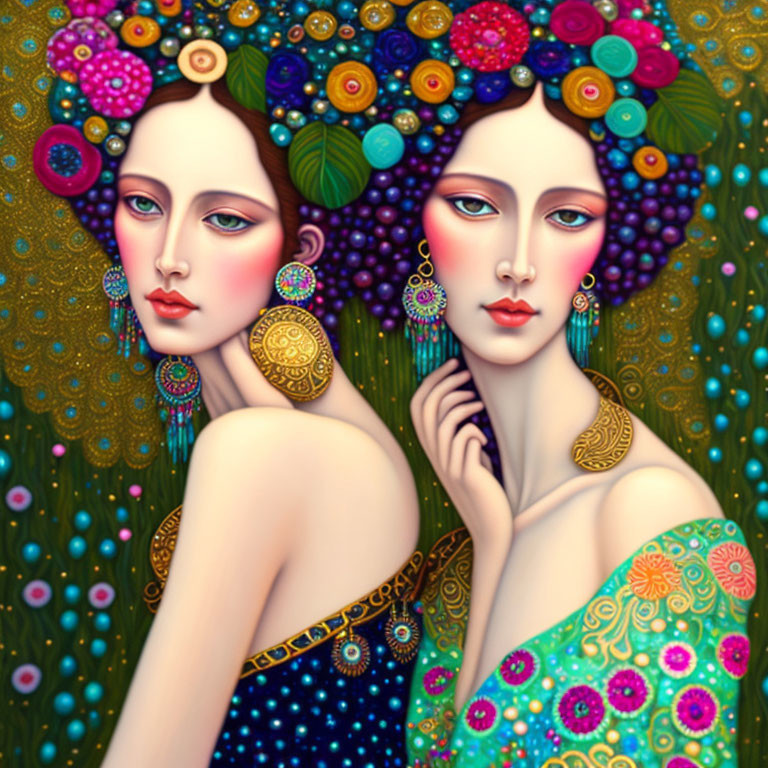 Stylized women with ornate headdresses in colorful patterns on floral backdrop