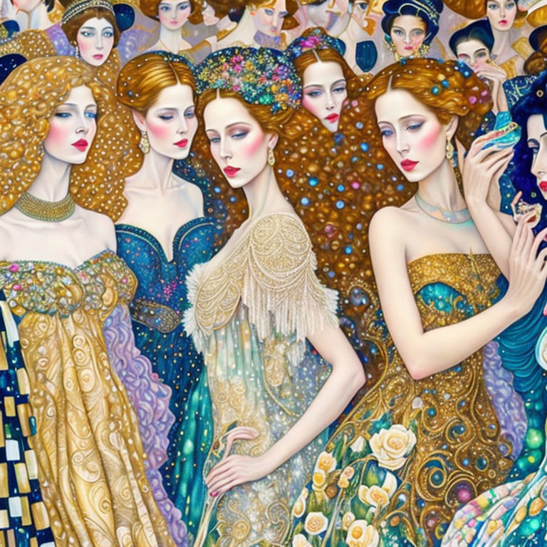 Detailed illustration of stylized women with ornate hairstyles & bejeweled gowns