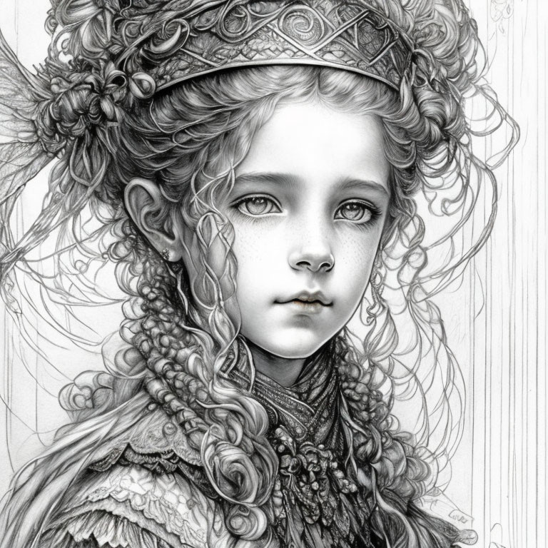 Detailed pencil portrait of young girl in regal attire with intricate hair and crown