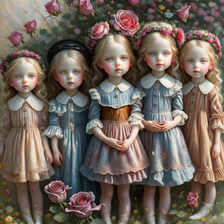 Five porcelain dolls in floral headpieces and vintage dresses on floral backdrop