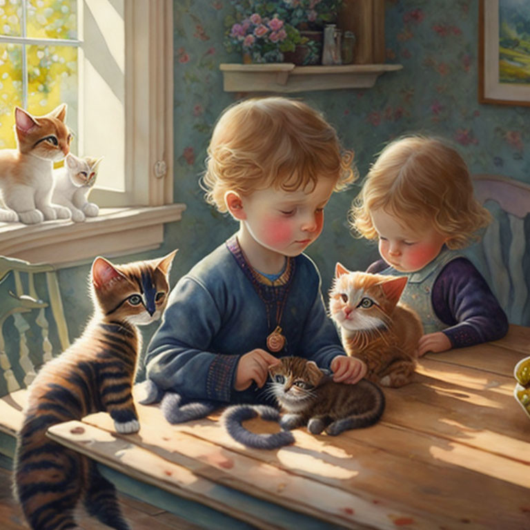 Young children and kittens in sunny room playing together