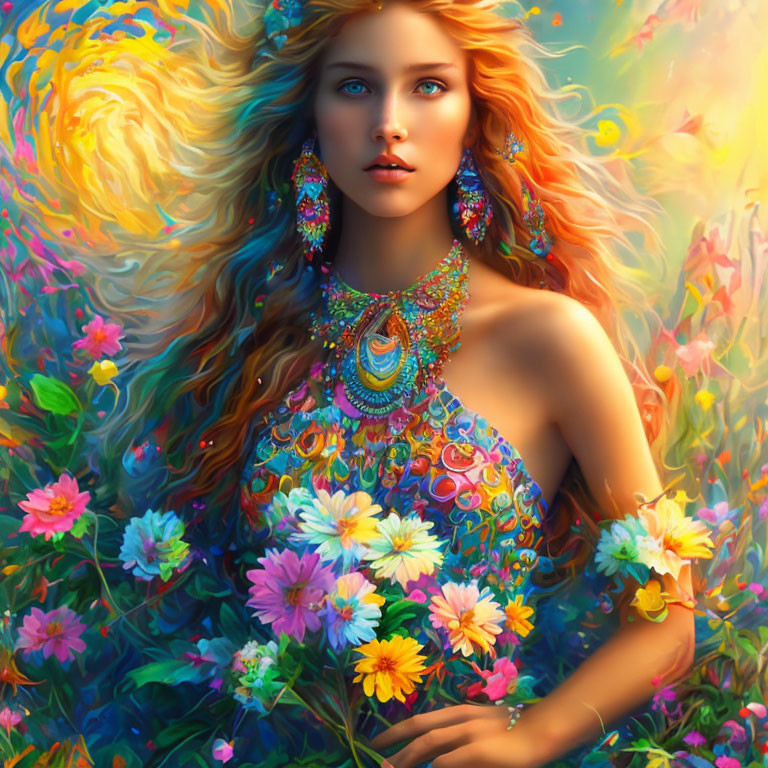 Colorful Illustration: Woman with Golden Hair in Floral Setting