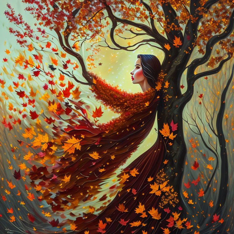 Woman merging with autumn tree, red leaf hair and cloak blowing in wind