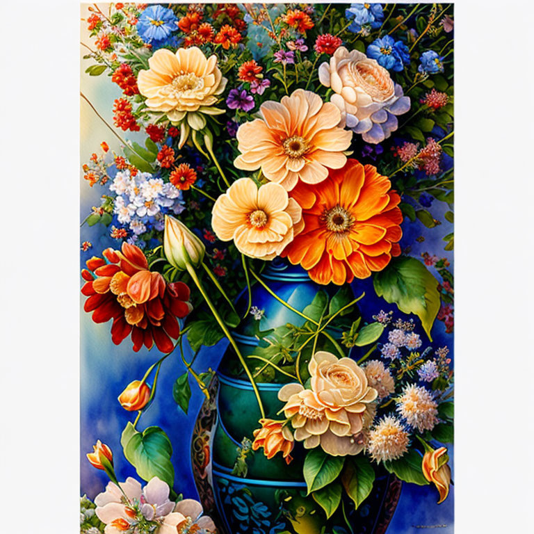 Colorful Flowers Painting in Blue Vase on Gradated Background