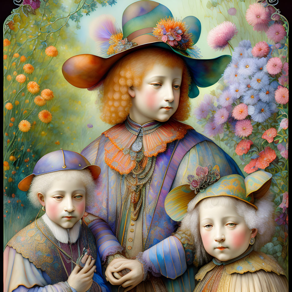 Digital art: Three stylized characters in Renaissance attire with floral backdrop