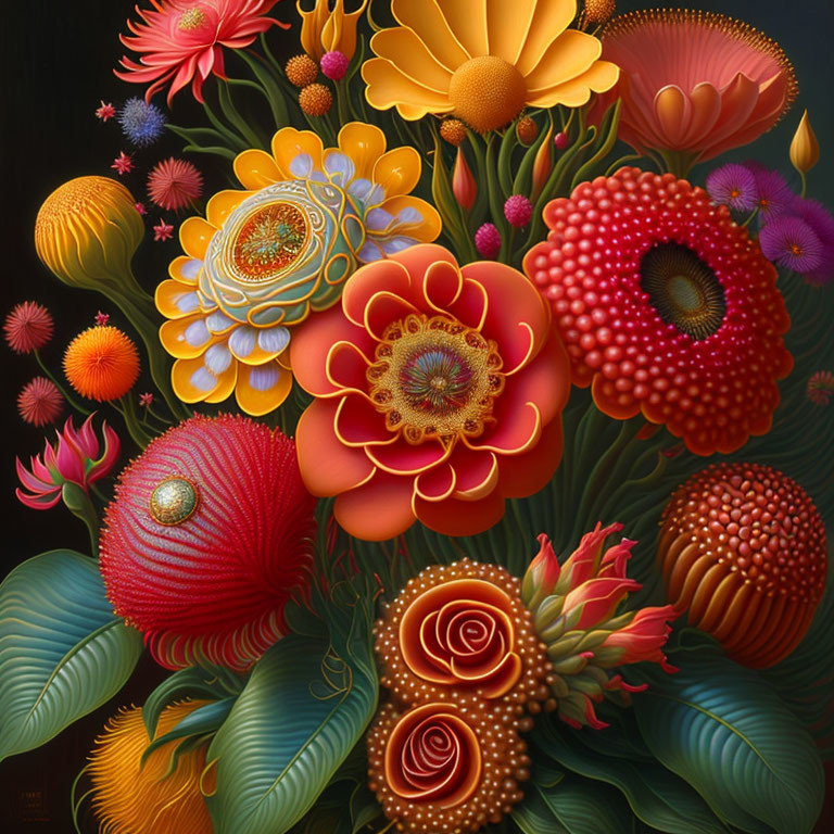 Colorful digital artwork: Stylized flowers in red, orange, and yellow on dark backdrop