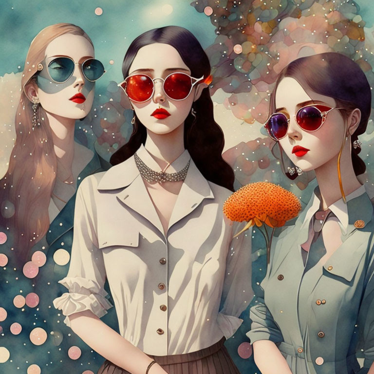 Stylized women in chic attire with sunglasses in dreamy setting