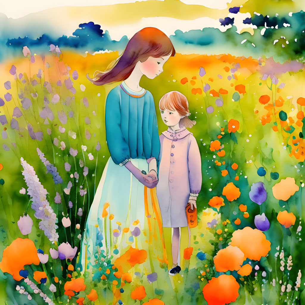 Woman and child in vibrant flower field with watercolor effect