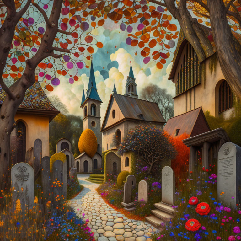 Colorful Church Painting with Autumn Trees and Gravestones