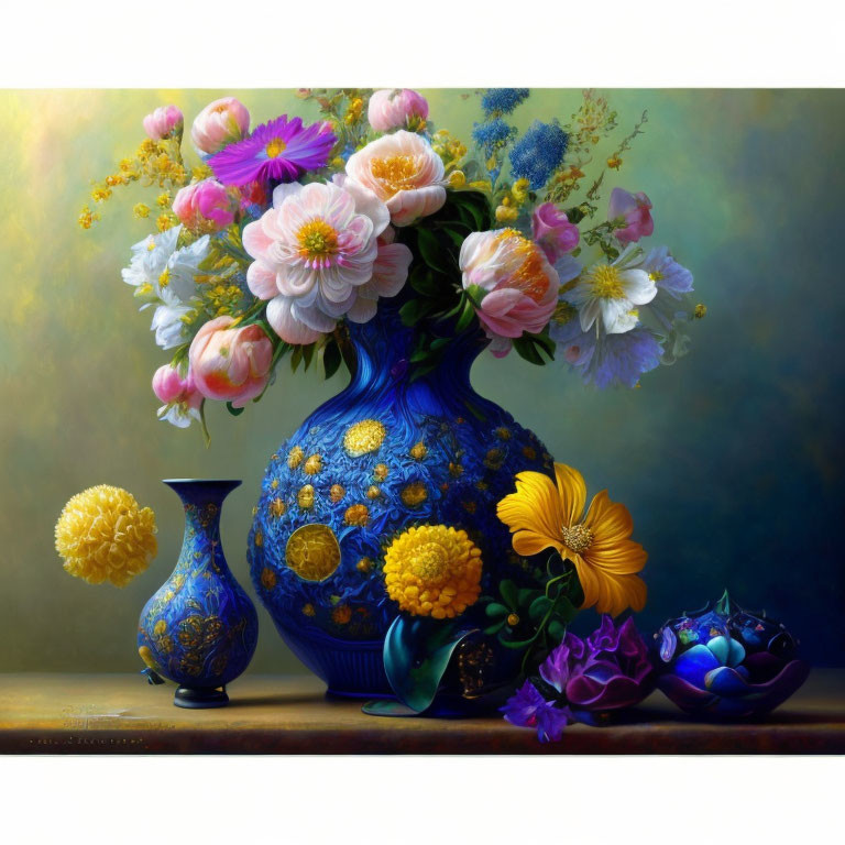 Vibrant blue vase with pink and white flowers on muted backdrop