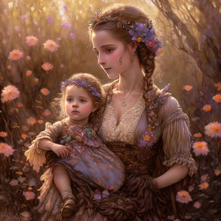 Digital artwork featuring woman and child with floral crowns in blooming flower garden