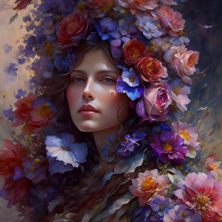 Portrait of Woman with Vibrant Flower Surroundings